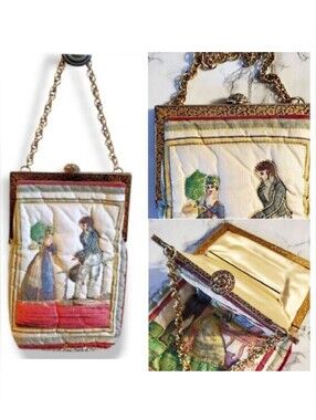 Dbl Sided Quilted Antique Edwardian 1800s Scenes Handbag Intricate Metal Frame‎